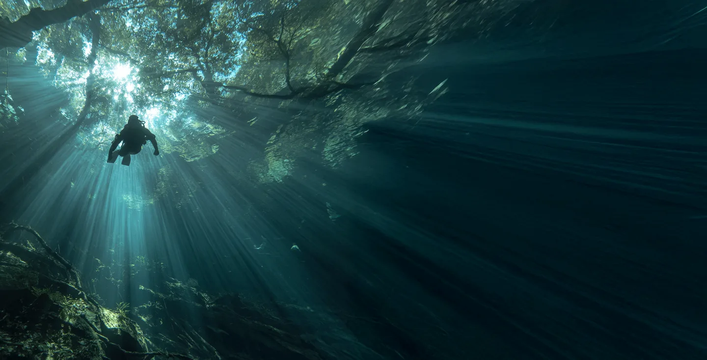 A diver in a cenote with sunlight filtering through