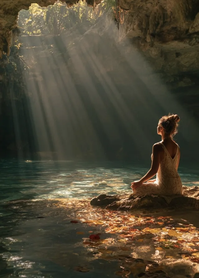 Woman meditating in a cave with sunlight filtering through