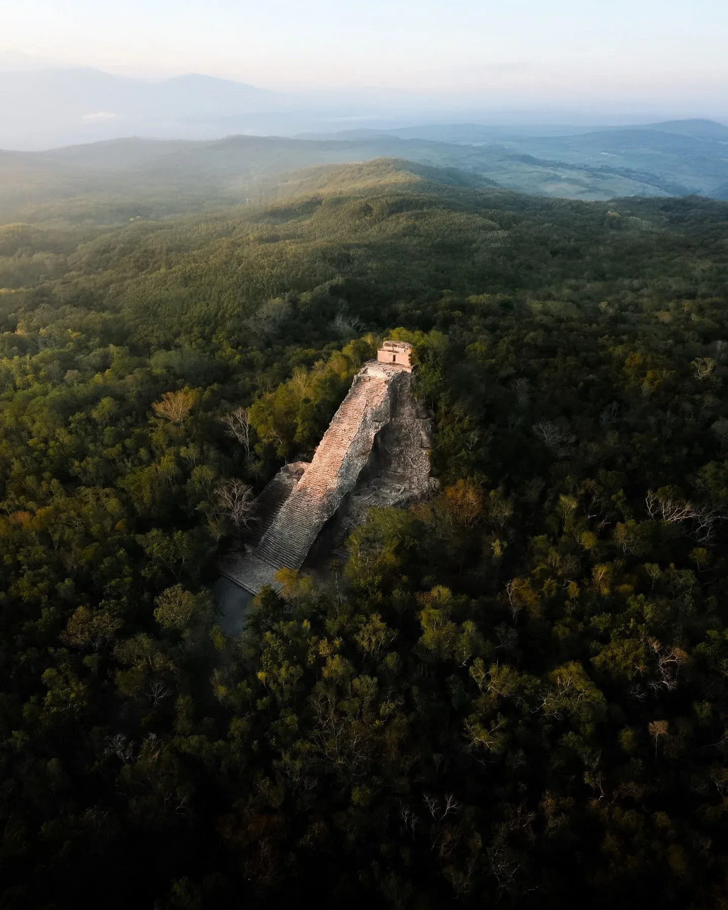 Aerial view of a Mayan temple in the jungle canopy