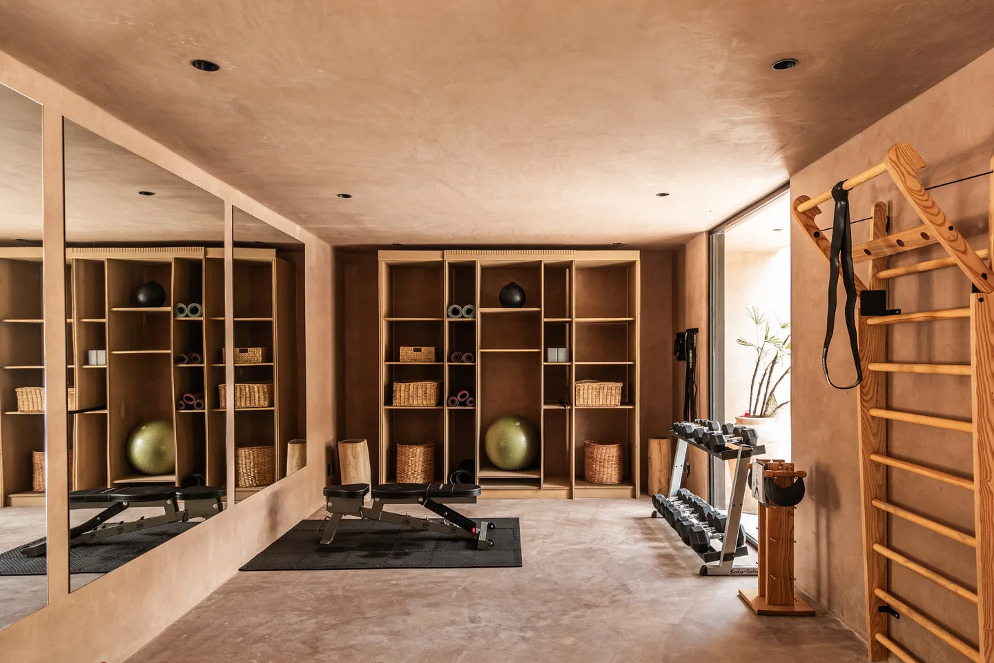 Gym with wall bars, weight bench, dumbbell rack and a mirrored wall