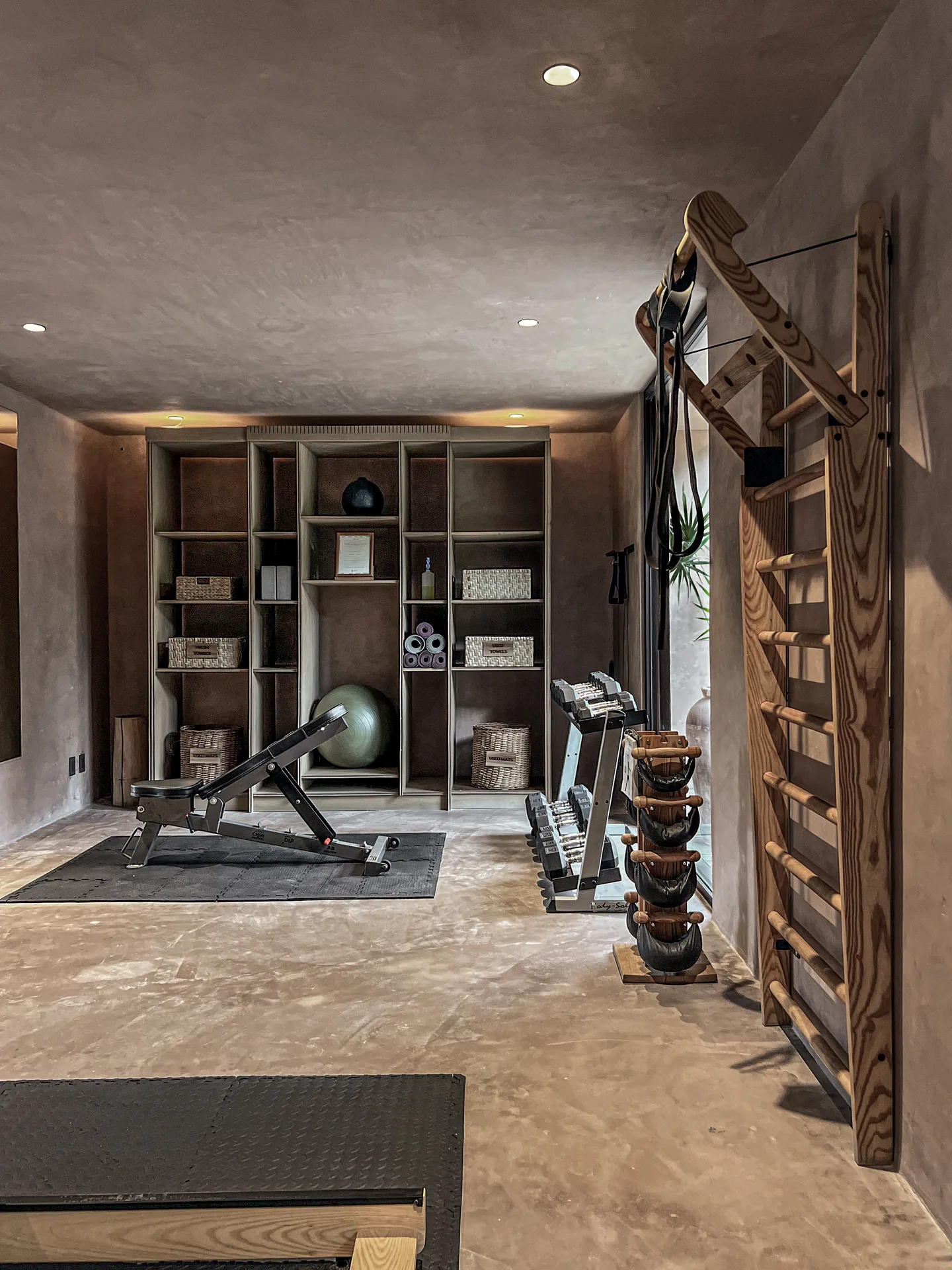 Gym with weight bench, stability ball, kettlebells and wooden wall bars