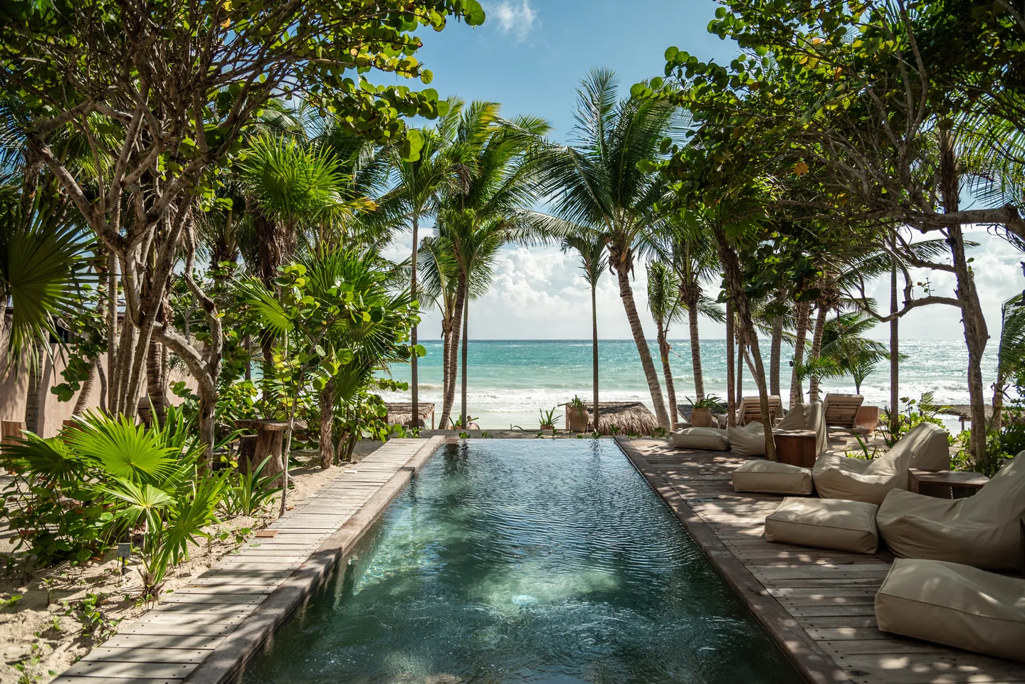 Swimming pool lined with loungers running through the palms toward the Caribbean